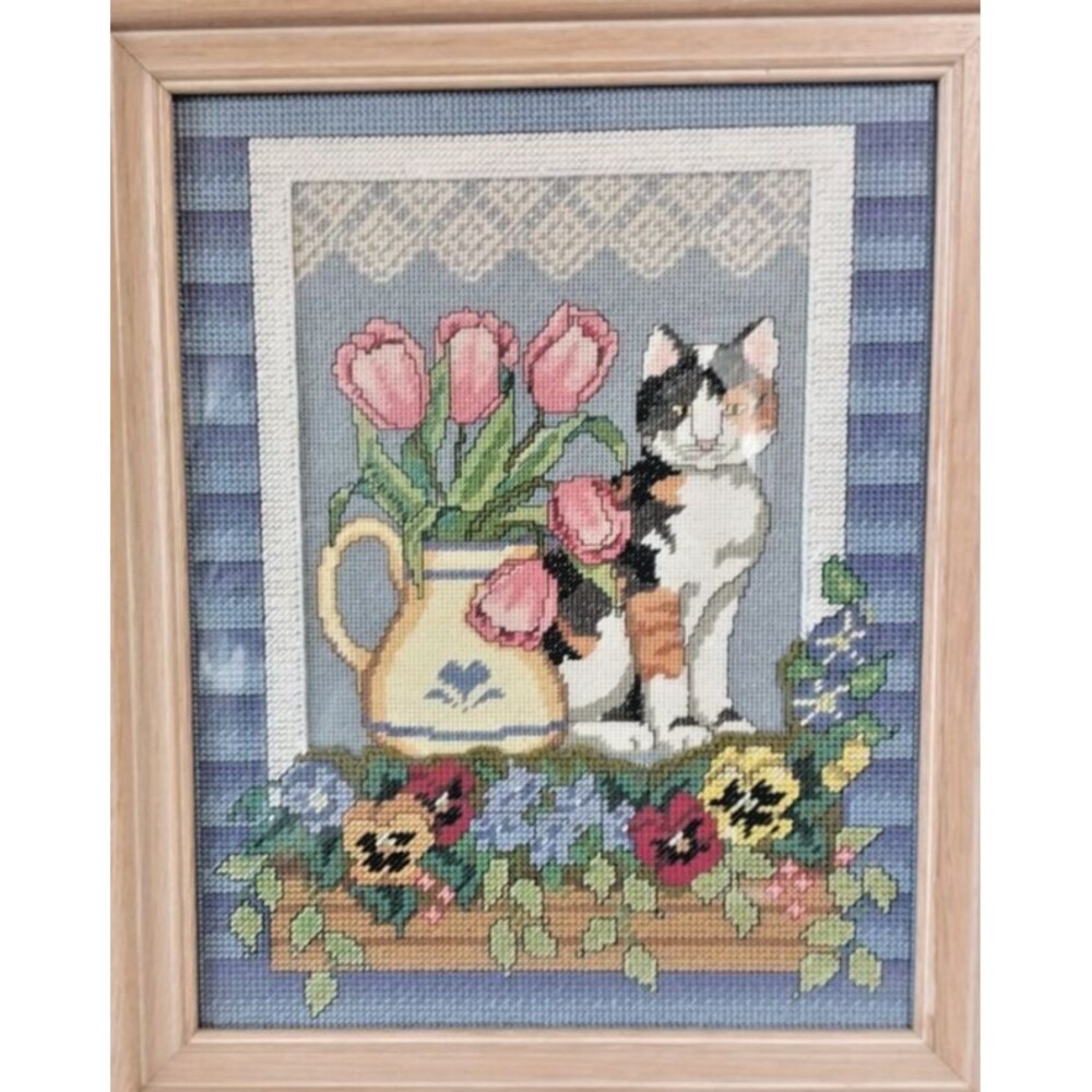 Needlepoint Cross-Stitch/Painted Framed Calico Cat 3D Handmade 16.5" x 13.5"